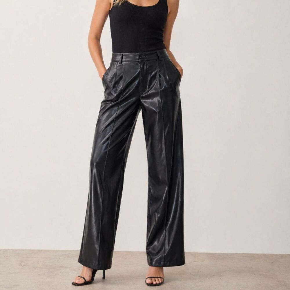 Black Faux Leather Pants Womens Large Wide Leg Edgy Rock Party Vamp Office Siren